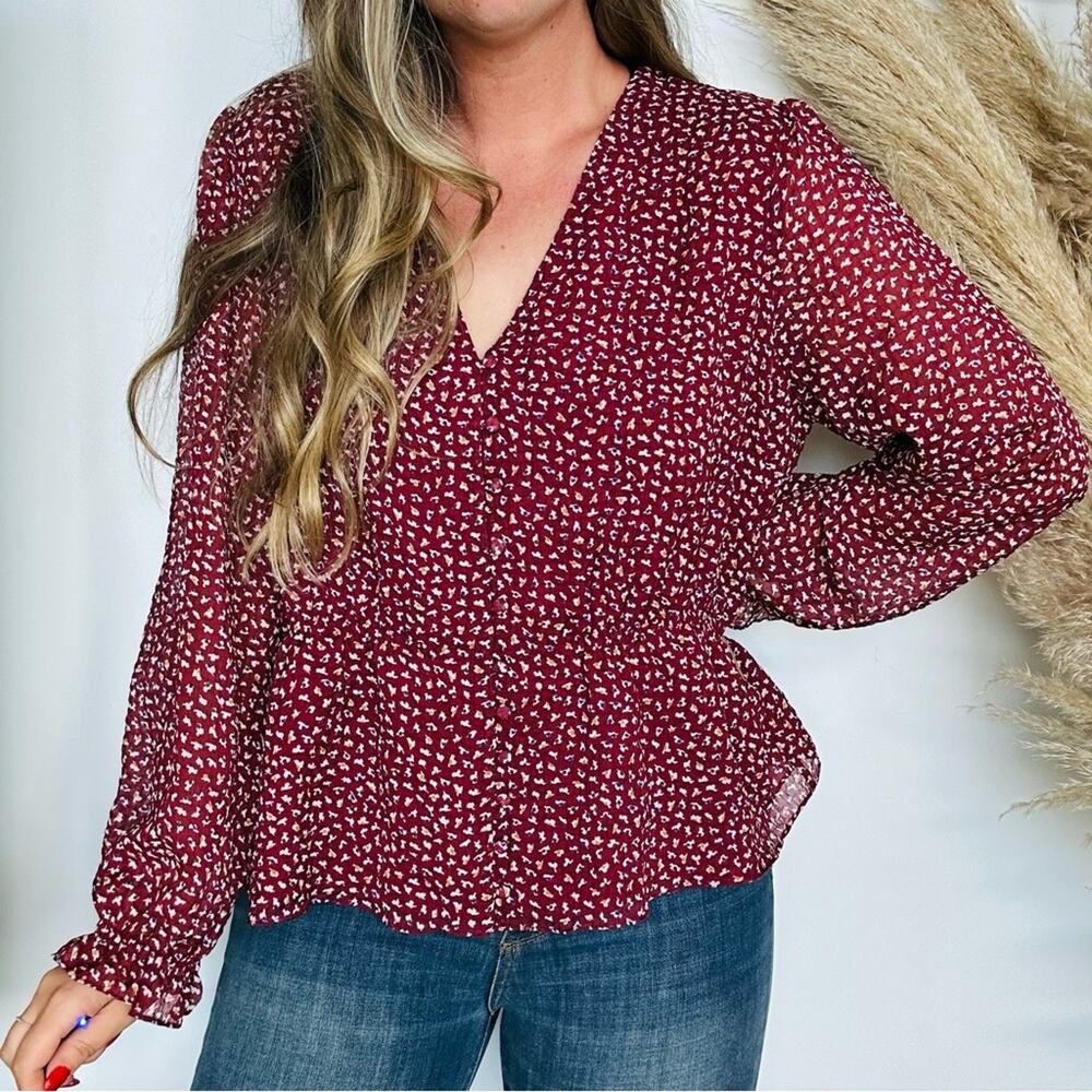 MADEWELL Red Burgundy Floral Long Sleeve Peplum Ruffle Blouse Top Shirt XXL